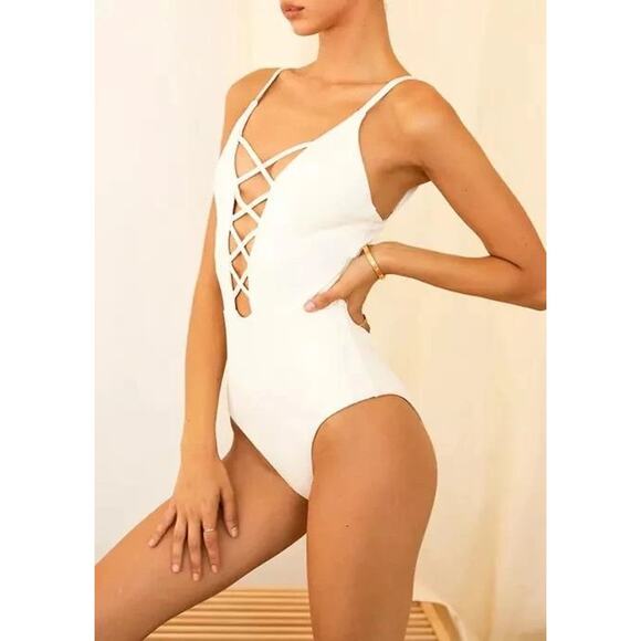 Dippin’ Daisy’s Bliss White Lattice Plunge One Piece Swimsuit Size XS - Picture 2 of 12